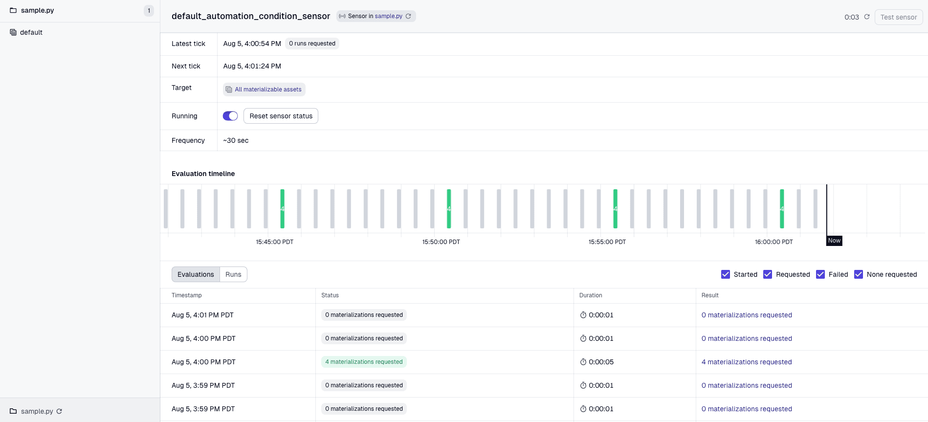 Default automation sensor evaluations in the Dagster UI