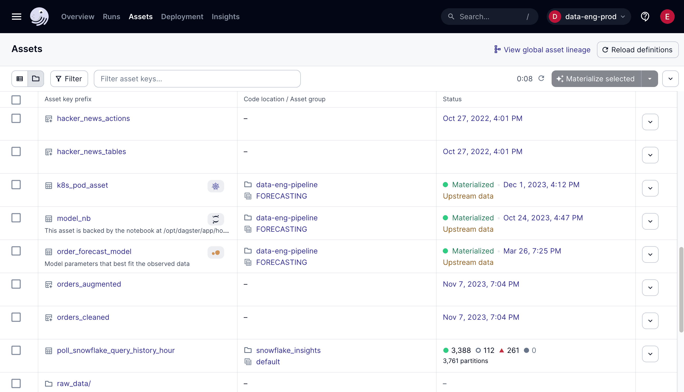 Asset catalog page in the UI