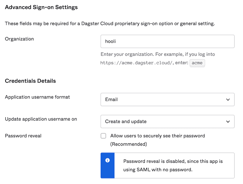 Configured Sign On tab of Dagster+ Okta application